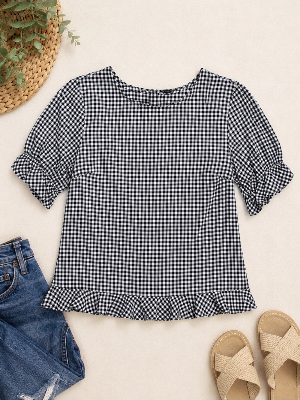 🖤🤍Talbots Black & White Gingham Ruffle Hem Cotton Top Sz L🖤🤍